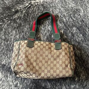 Vintage GUCCI Canvas Web Sherry Line Tote Bag Beige Gold